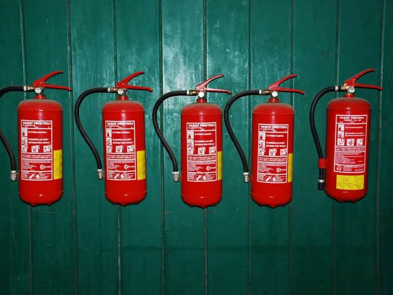 A row of fire extinguishers on a wall