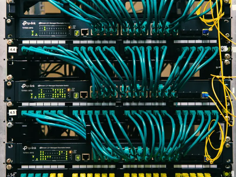 Network switches in a rack, with the cables connected