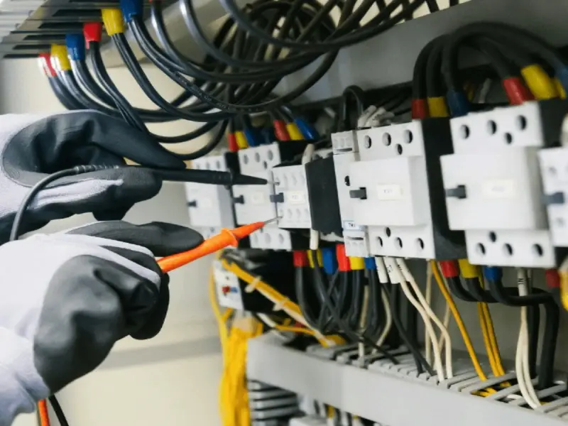 An electrician testing an electrical panel with a meter